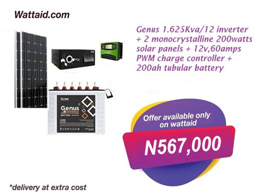 GENUS 1.625KVA/12V INVERTER +2 MONO 200WATTS SOLAR PANELS + 200WATTS TUBULAR BATTERY + 12V,60AMPS CHARGE CONTROLLER