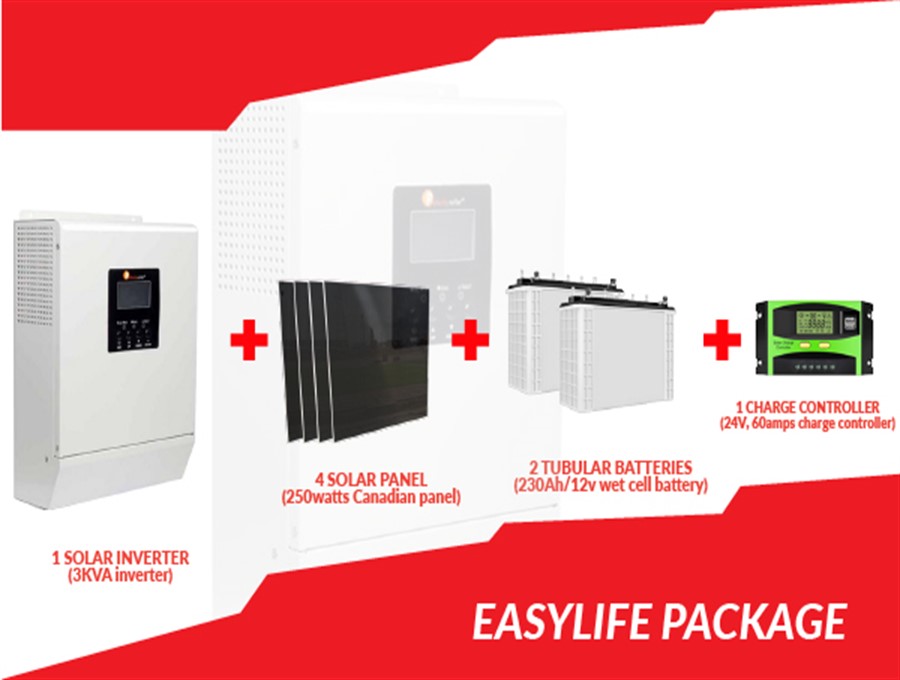 3kva inverter +2(24V Charge controller)+4 solar panels +2 ( 220Ah tubularbatteries) Easy Buy promo