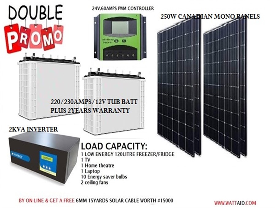 2kva sinergy inverter + 4 solar panels +24v,60amps charge controller + 2 sinergy 220Ah tubular batteries + 4uints of 250watts mono solar panels Easter double Buy pomo