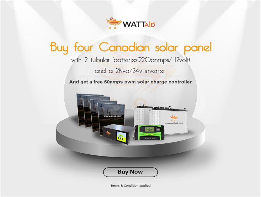 2KVA INVERTER ,2TUBULAR BATTERY,4 CANADIAN SOLAR PANELS AND A FREE 50WATTS PWM CHARGE CONTROLLER